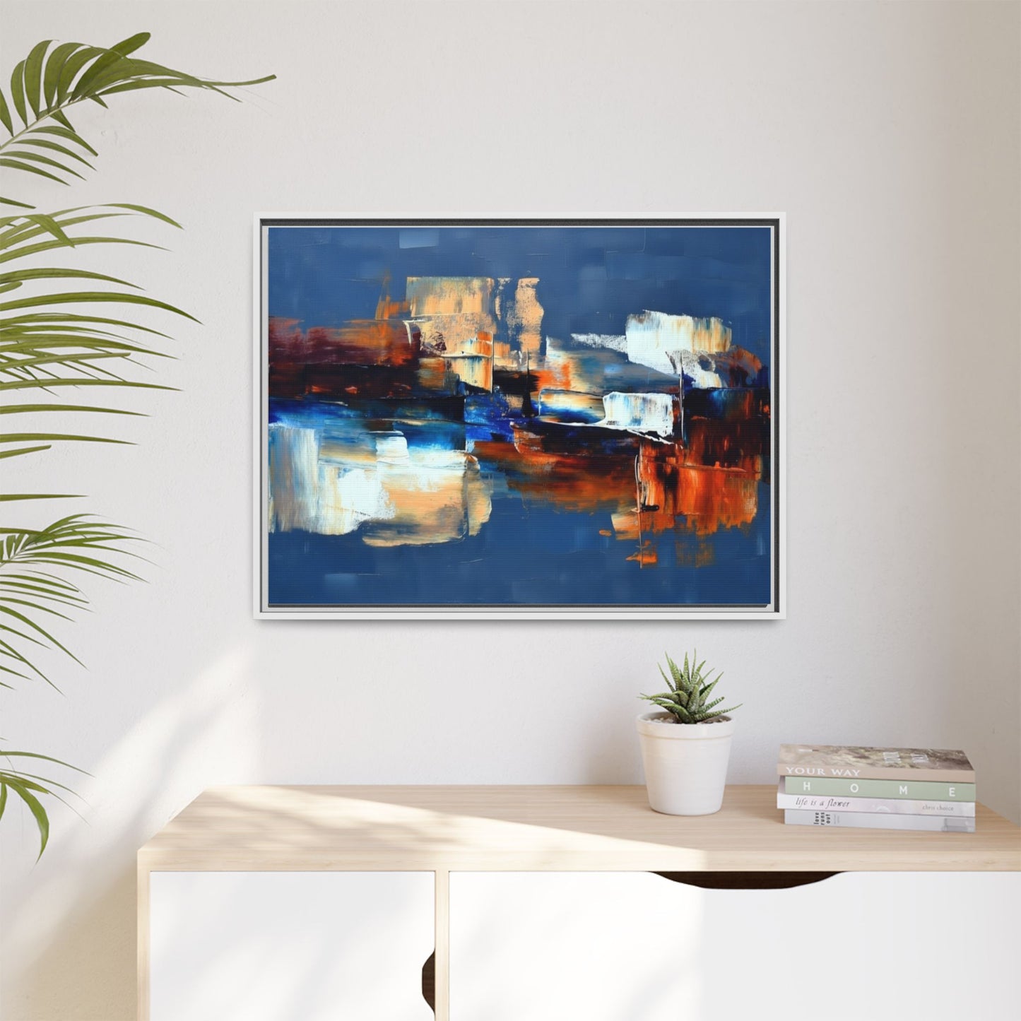 Abstract Blue & Rust Framed Canvas Art — Modern Matte Wall Painting