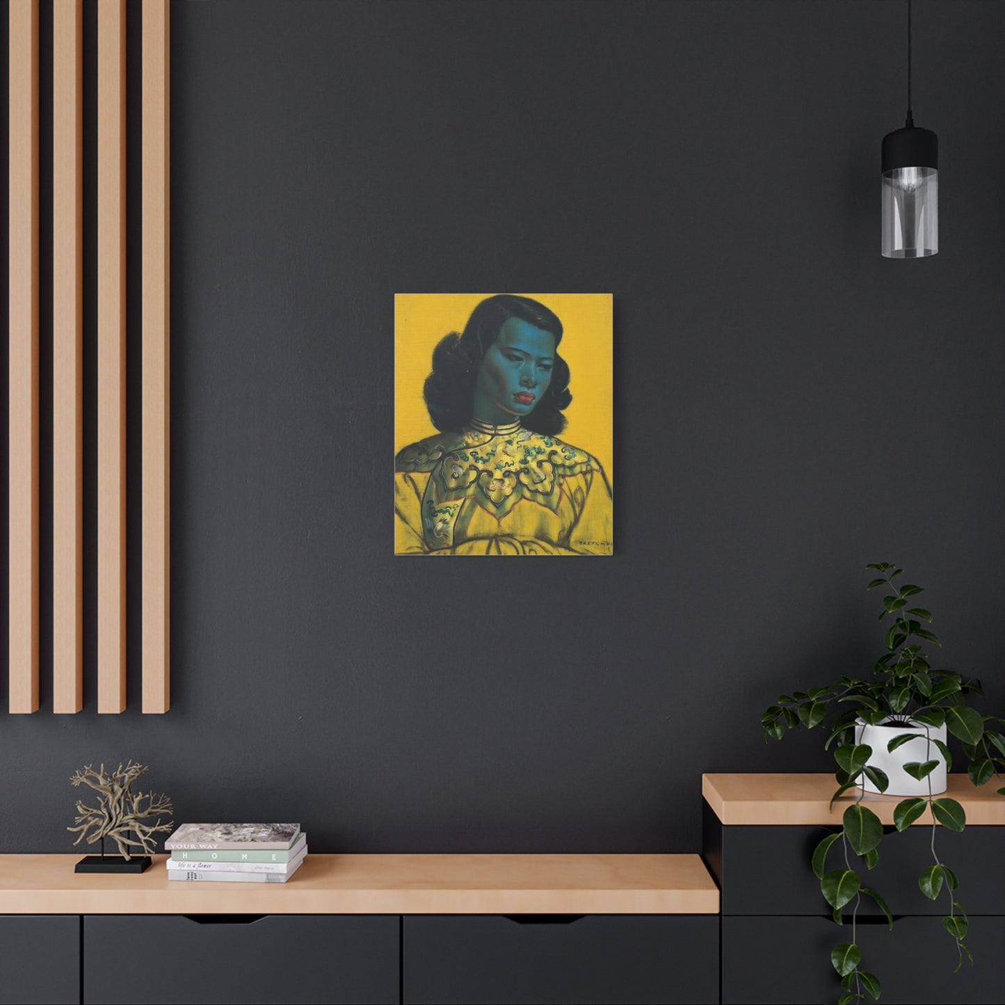 Vintage Portrait Canvas Print — Mid-Century Asian Woman Art on Yellow Background