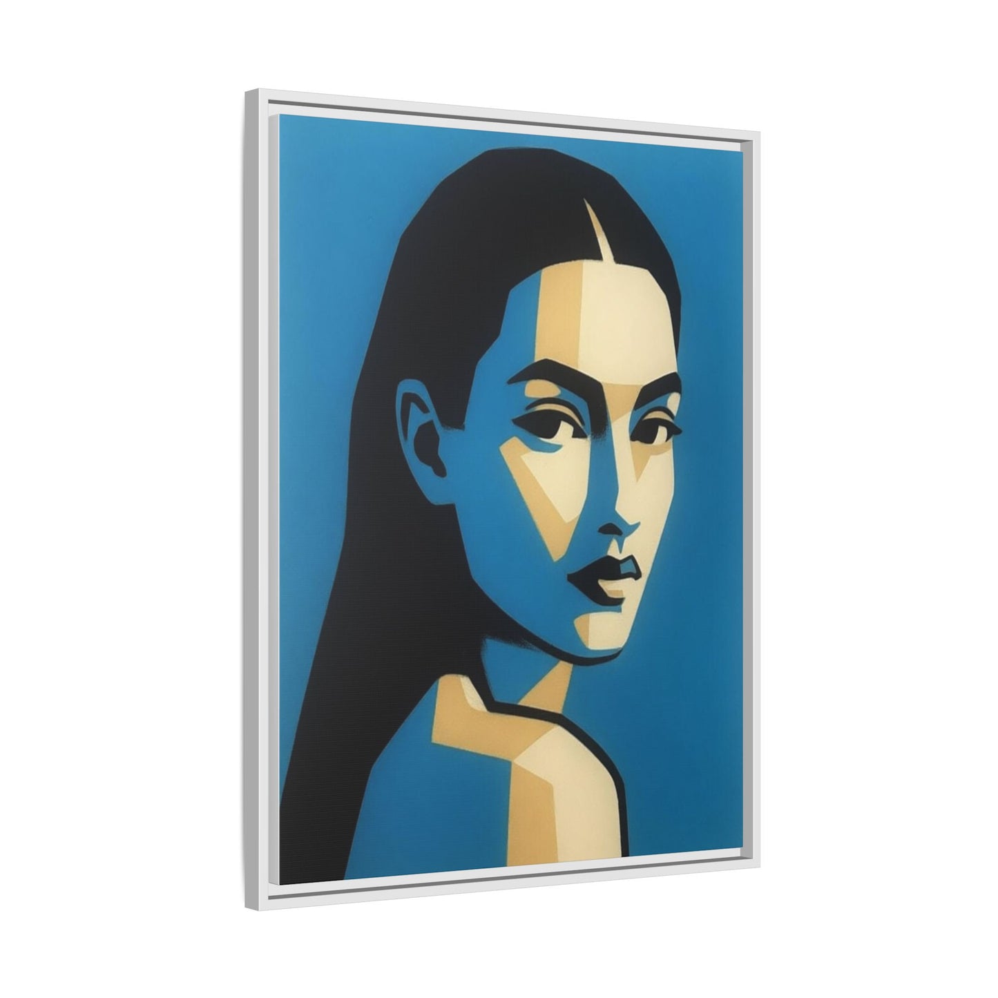 Framed Pop Art Portrait Canvas — Blue Geometric Woman Print