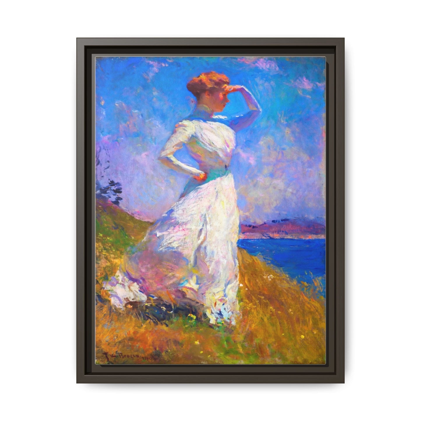 Framed Matte Canvas Art - Woman in White Seaside Impressionist Print