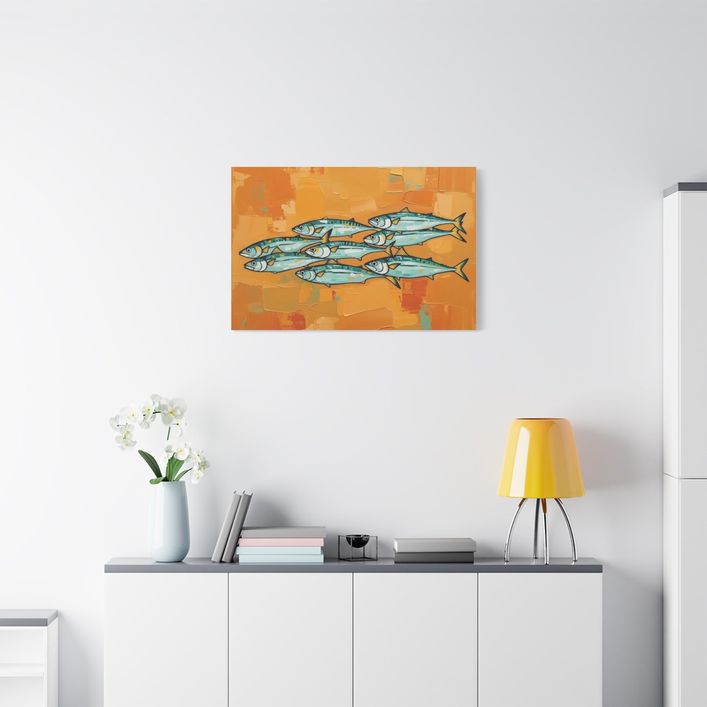School of Mackerel Canvas Wall Art — Nautical Fish Painting on Orange Background