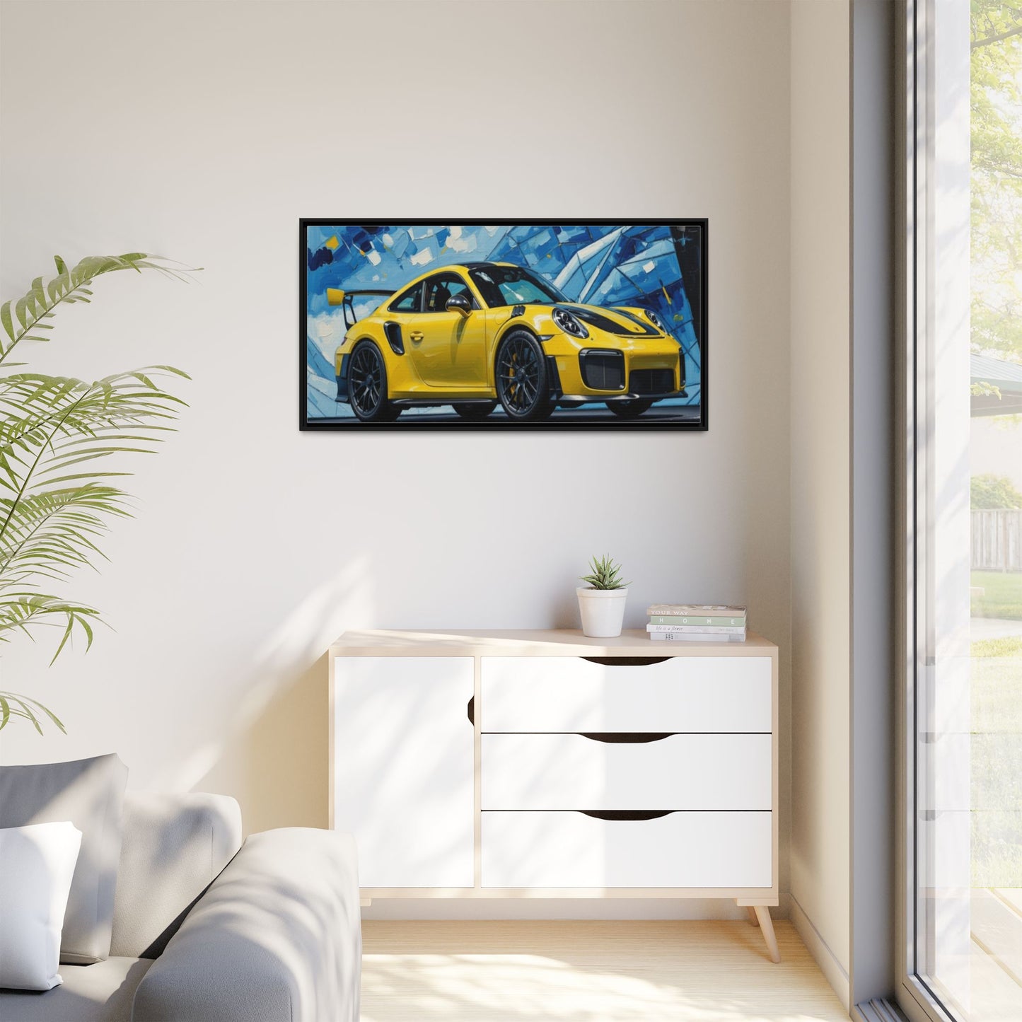 Yellow Porsche Sports Car Matte Framed Canvas – Modern Automotive Wall Art