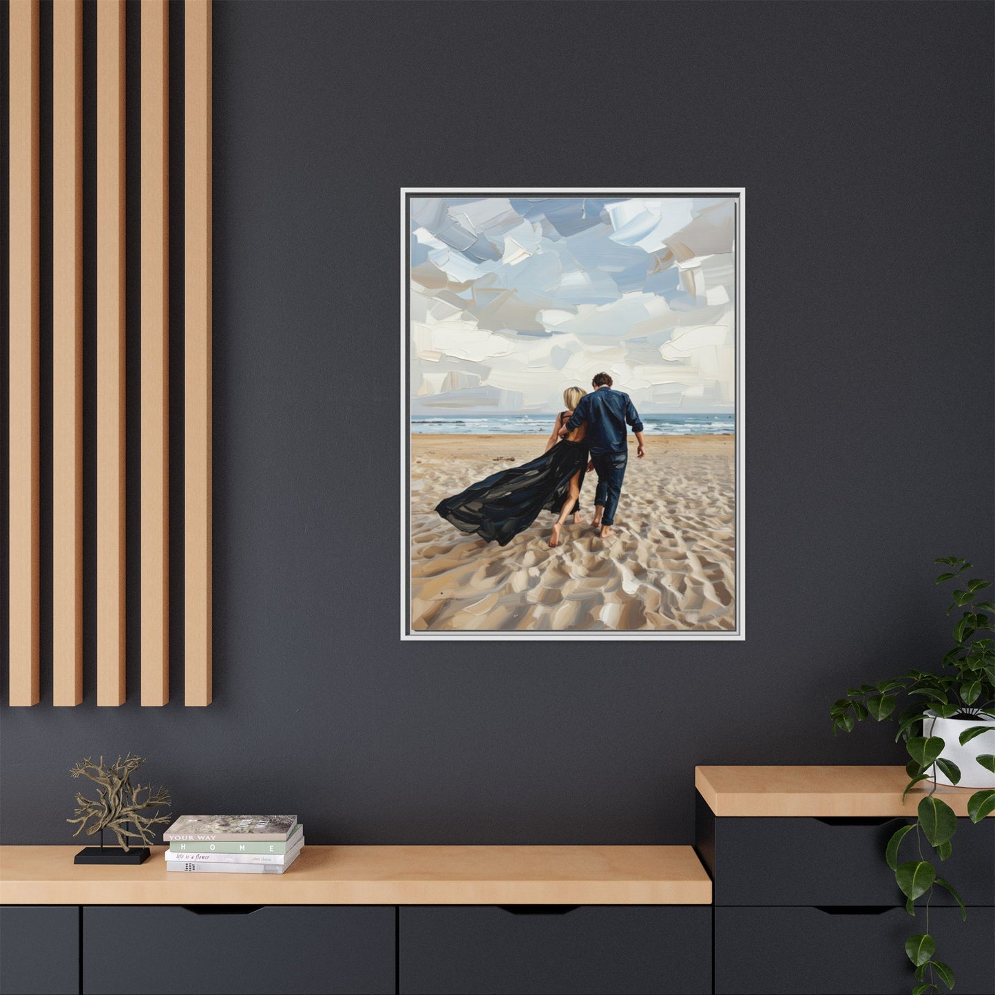Framed Canvas Wall Art — Romantic Couple Walking on Beach Print