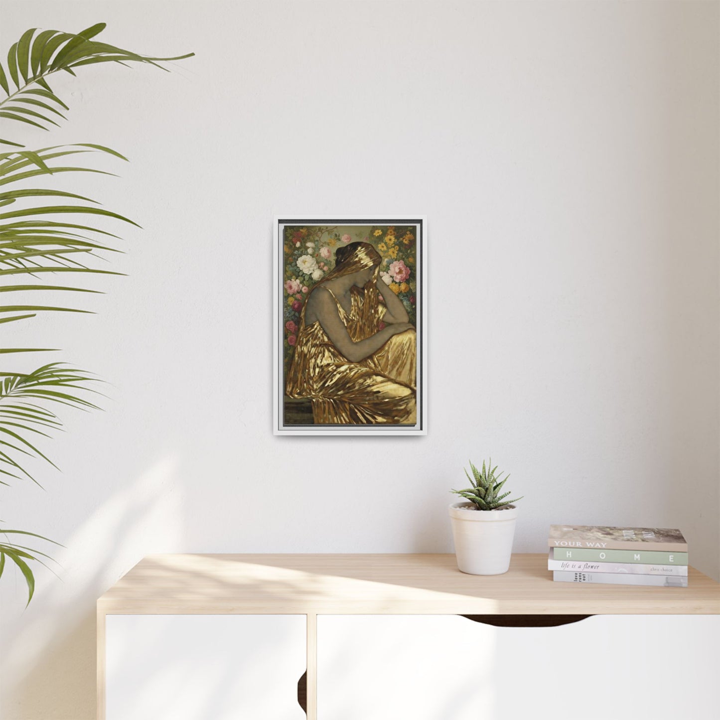Framed Canvas Art Print — Golden Muse Woman with Floral Background