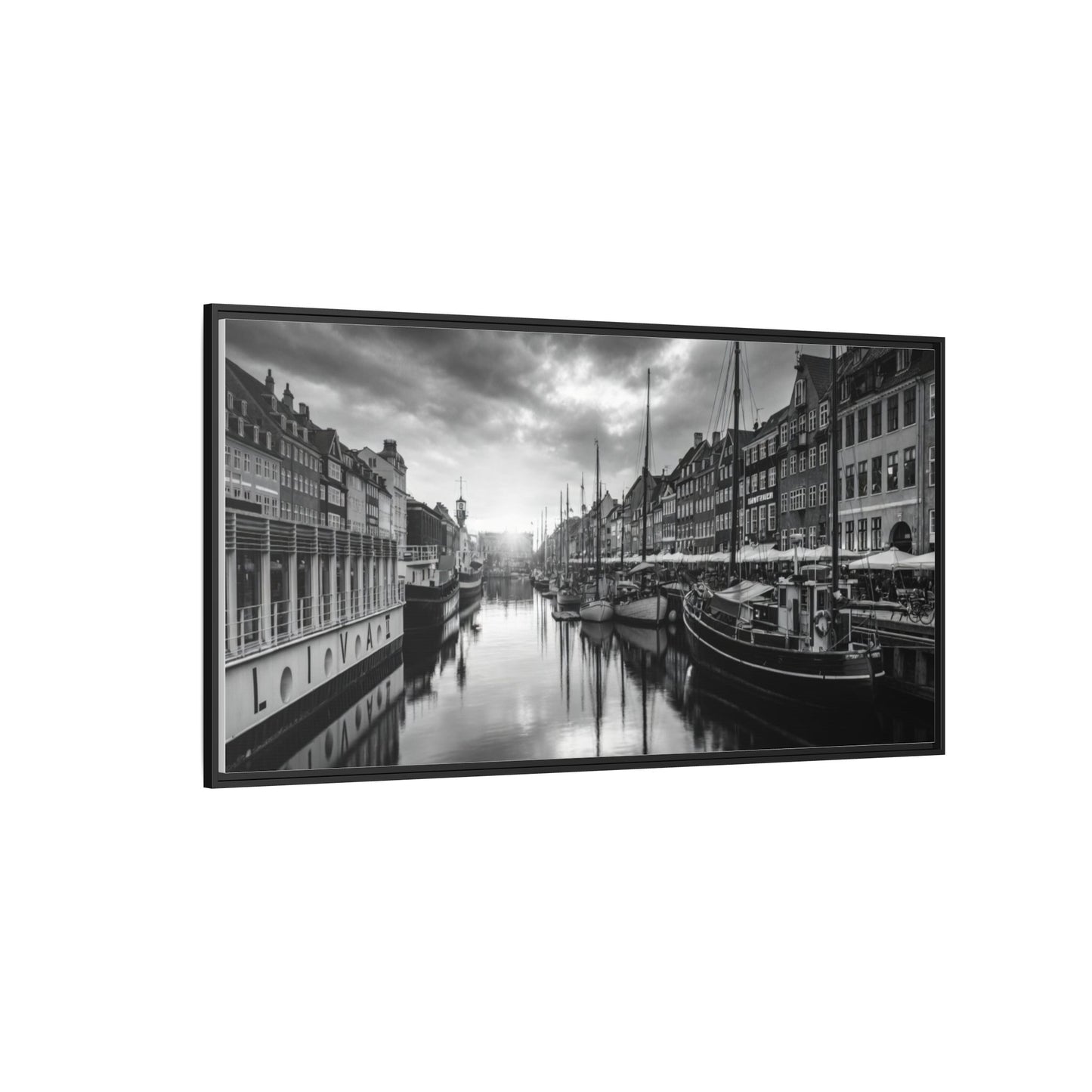 Framed Matte Canvas: Black & White Dutch Canal Photography Wall Art