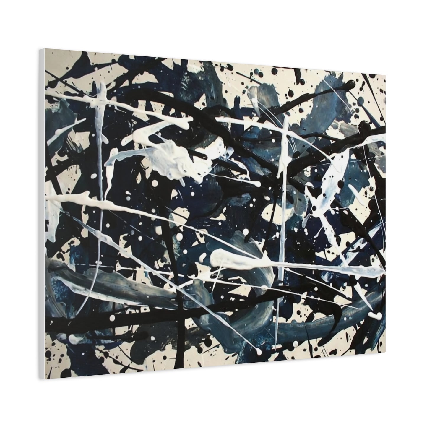 Abstract Drip Painting Canvas Print — Blue & Black Modern Wall Art (Matte Stretched)