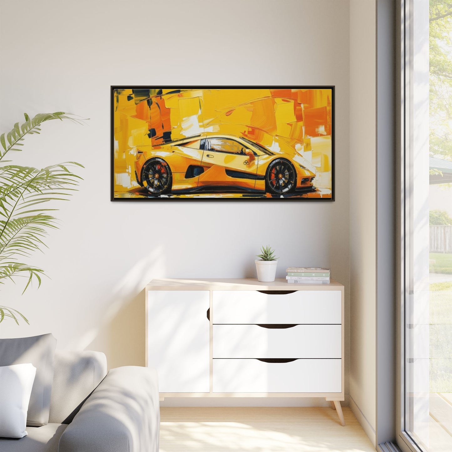 Yellow Sports Car Abstract Matte Canvas Framed Print