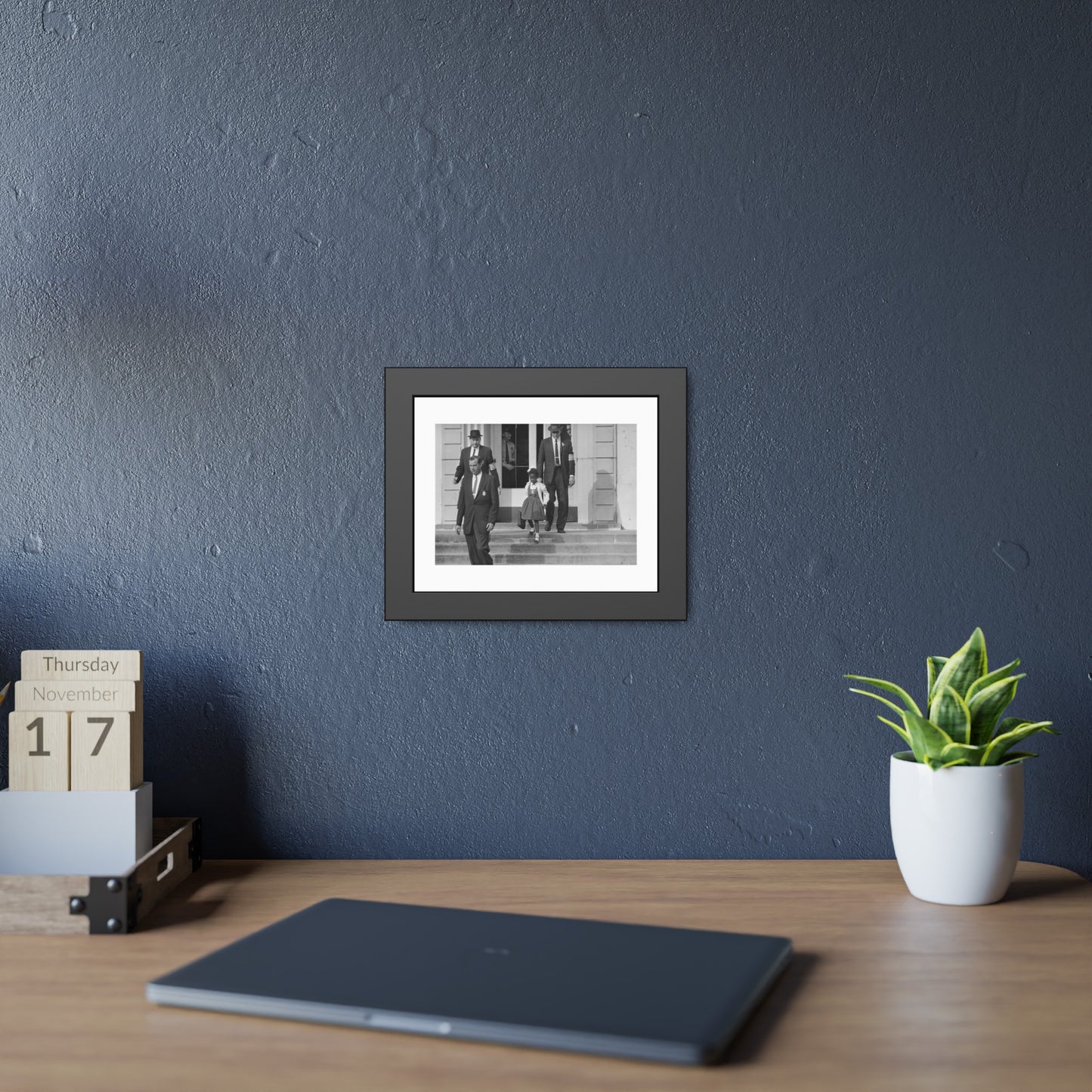 US Marshals with Young Ruby Bridges on School Steps by Unknown  Black & White Civil Rights Photograph Framed Wall Art Print