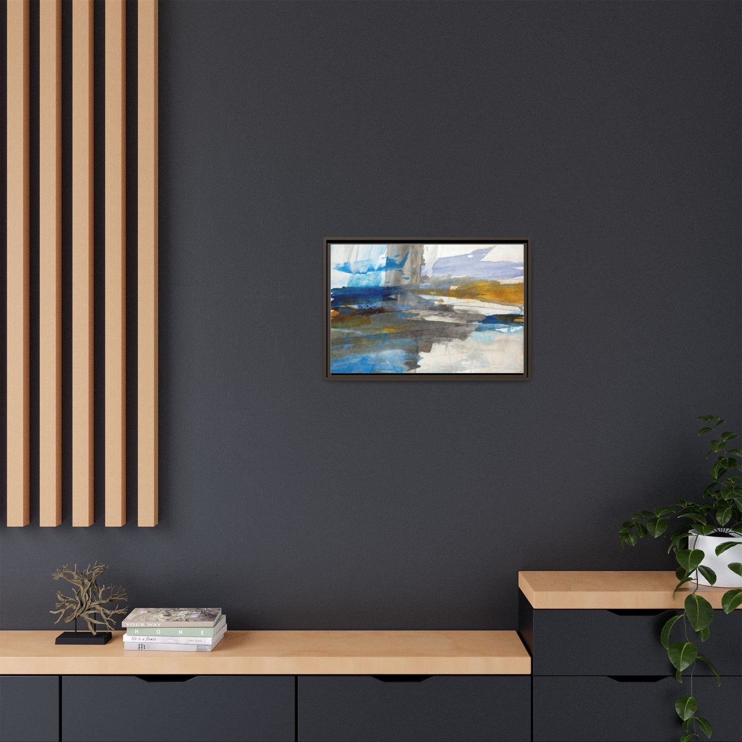 Abstract Blue & Gold Framed Canvas Art — Matte Multi-Color Wall Print