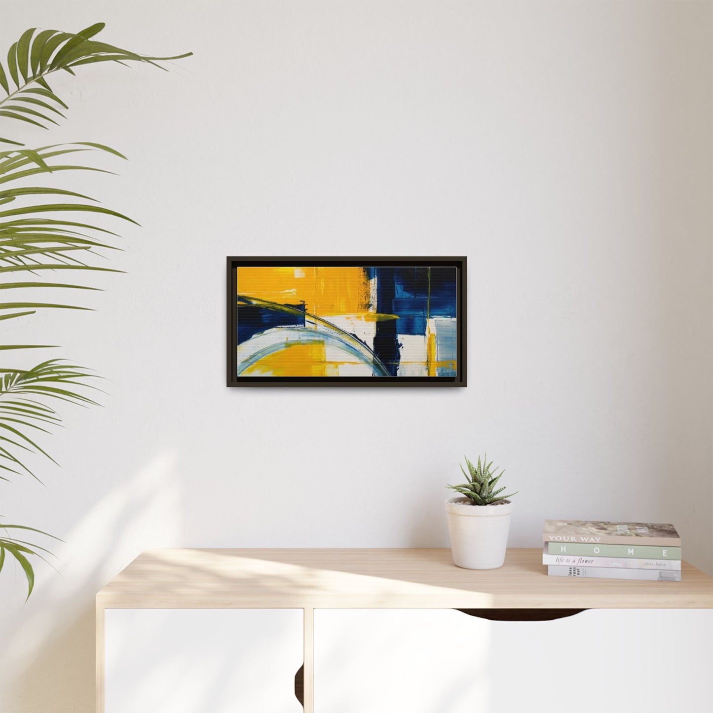 Abstract Yellow & Blue Framed Canvas Wall Art — Modern Matte Canvas Print