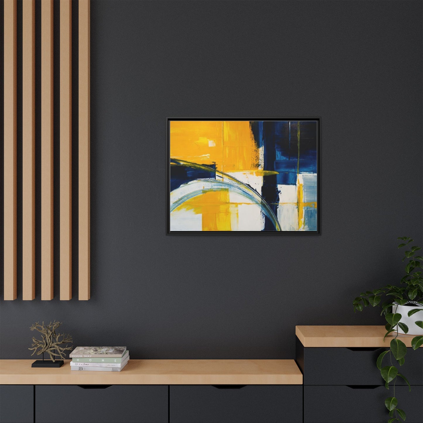 Abstract Yellow & Blue Framed Canvas Wall Art — Modern Matte Canvas Print