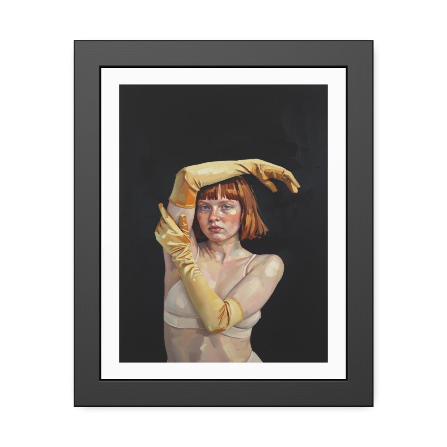 Framed Art Poster — Portrait of Redhead Woman in Yellow Gloves (Gallery Wall Print)