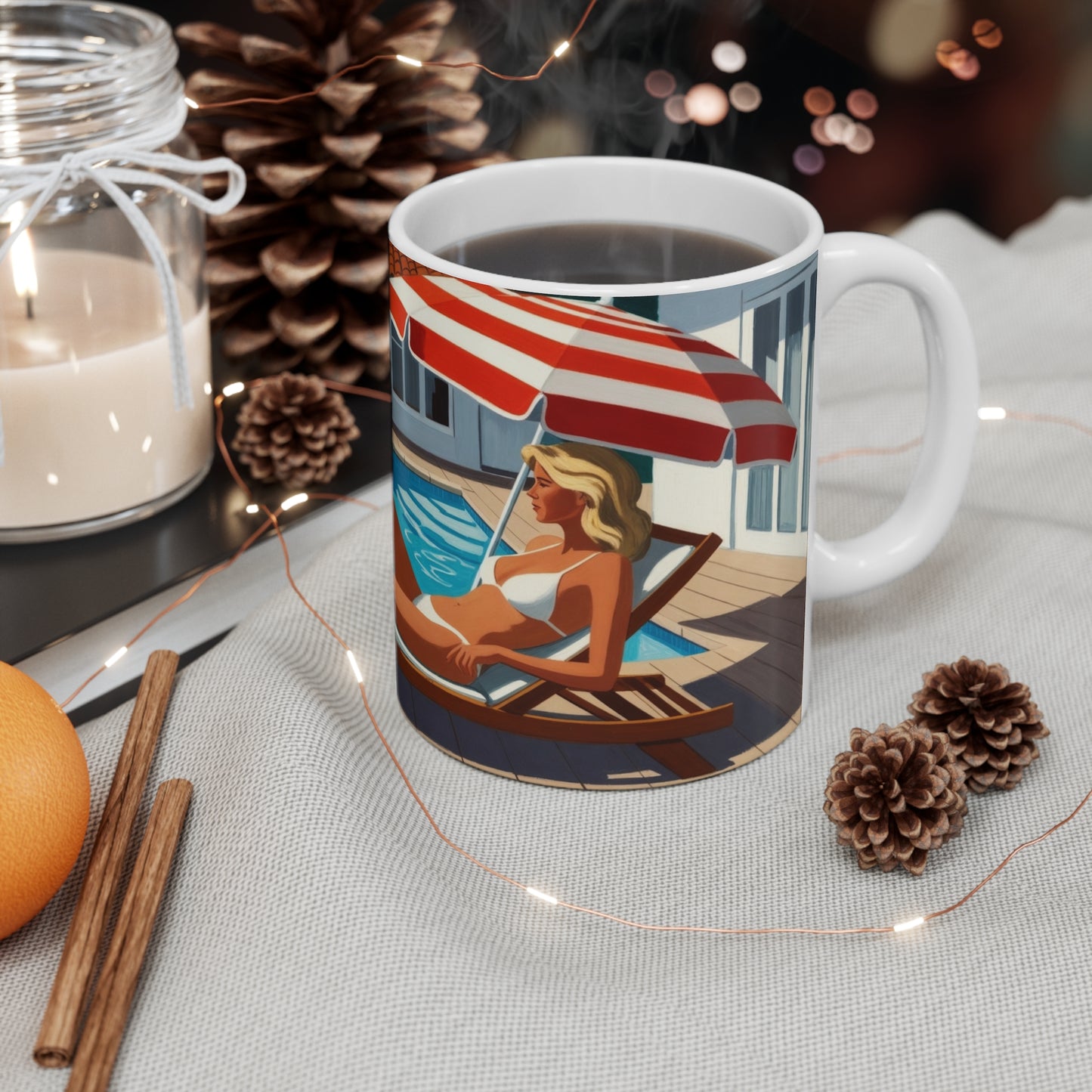 Poolside Retro Art Mug — Vintage Woman Lounging by the Pool