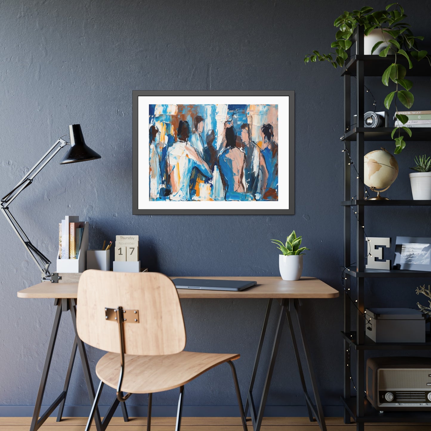 Framed Abstract Figure Art Print — Blue & Ochre Contemporary Poster
