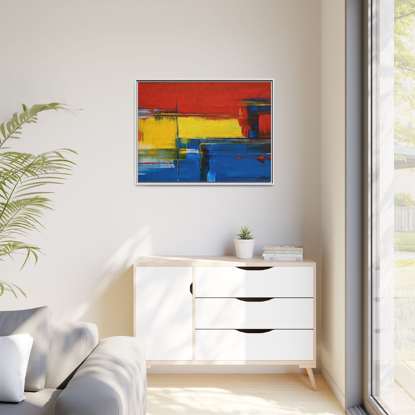 Abstract Color Block Matte Canvas Framed Wall Art — Modern Red Yellow Blue Painting