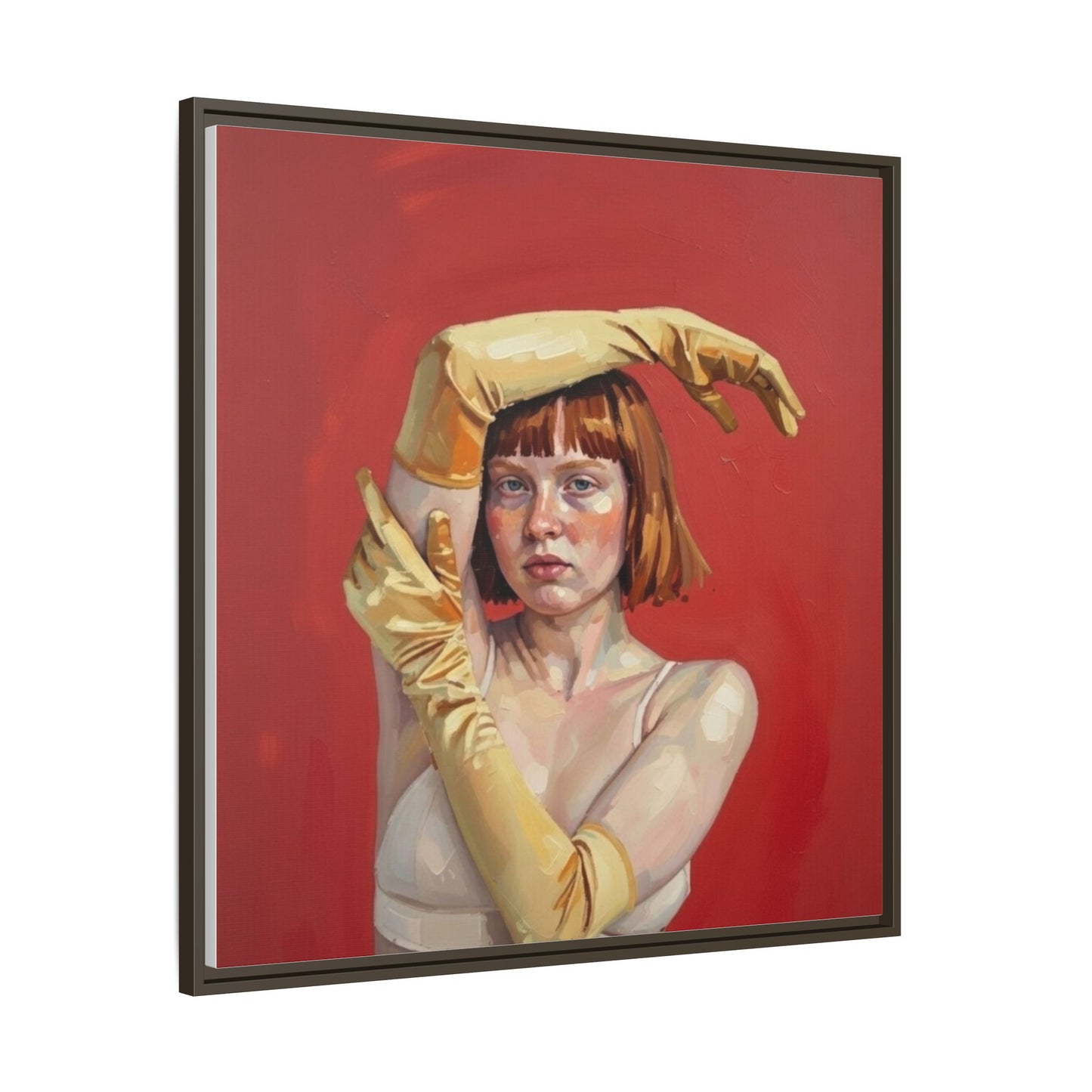 Framed Matte Canvas Art - Portrait of Woman in Yellow Gloves (Red Background)
