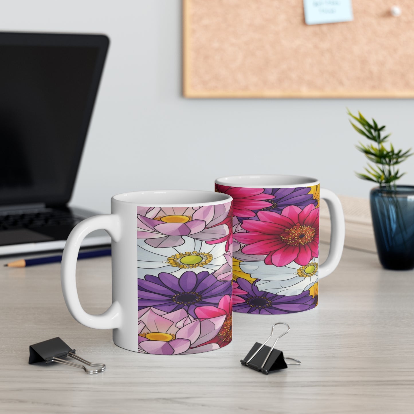 Floral Daisy Bouquet Mug — Colorful Pink & Purple Garden Coffee Cup
