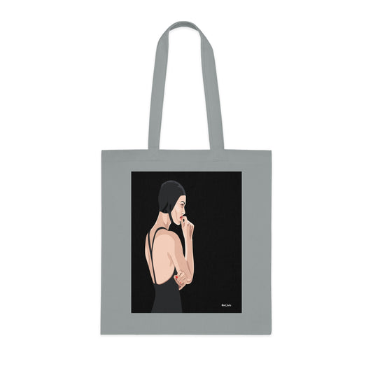 Minimalist Femme Portrait Cotton Tote — Chic Black-Back Illustration Tote Bag