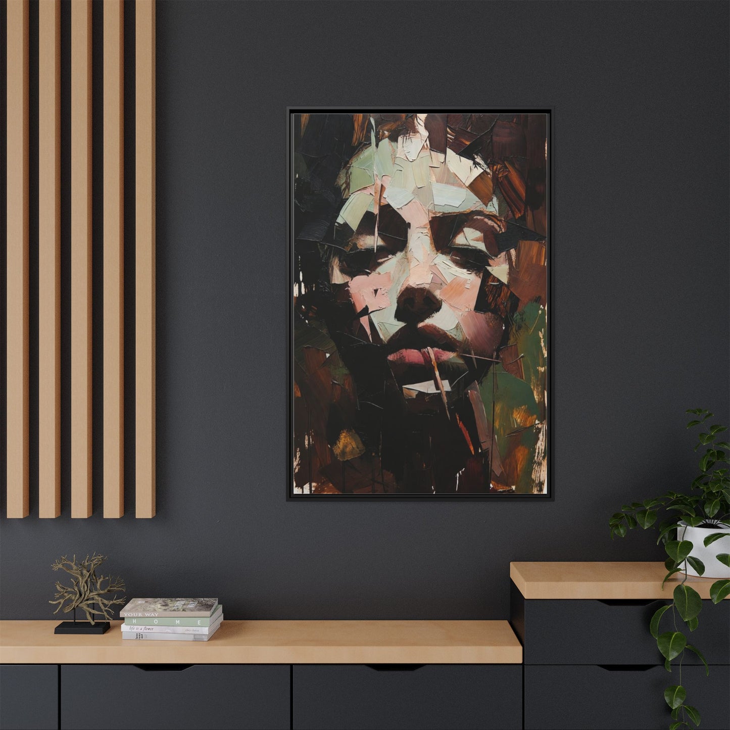 Matte Framed Canvas Art — Abstract Female Portrait, Moody Multicolor