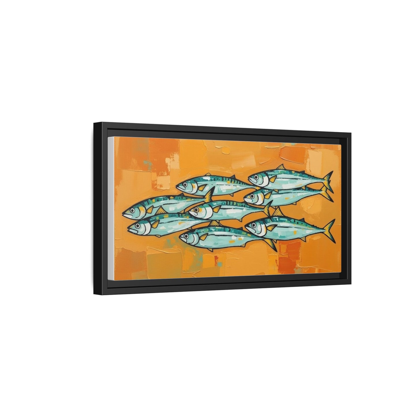 Framed Matte Canvas Print — School of Blue Fish on Orange Abstract Background