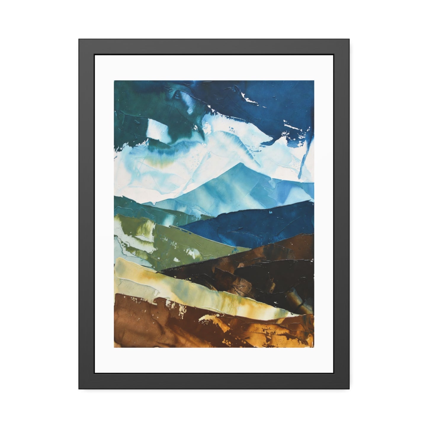 Framed Abstract Mountain Art Print – Blue & Earthtone Layered Landscape Poster