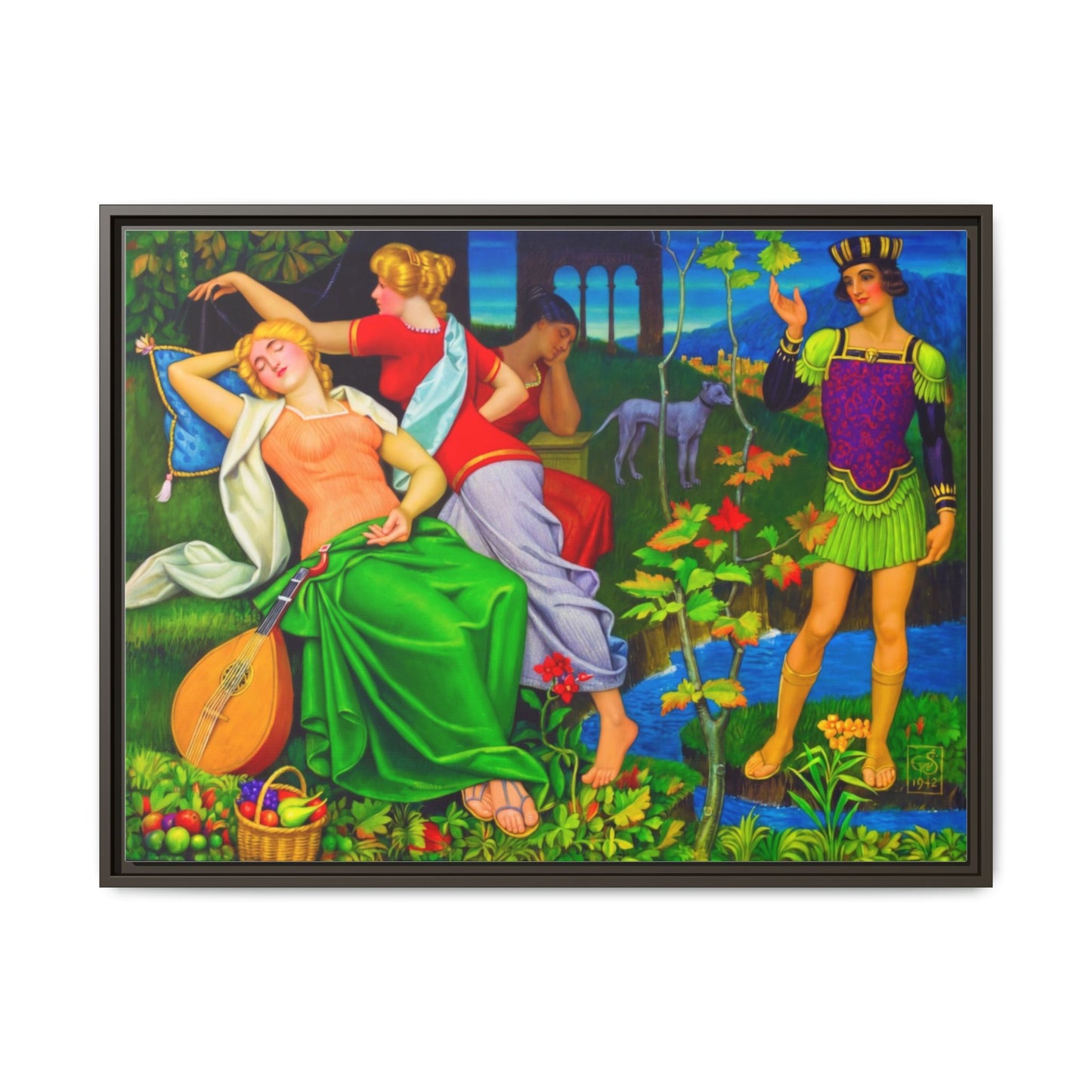 Framed Matte Canvas Art — Colorful Mythic Garden Scene