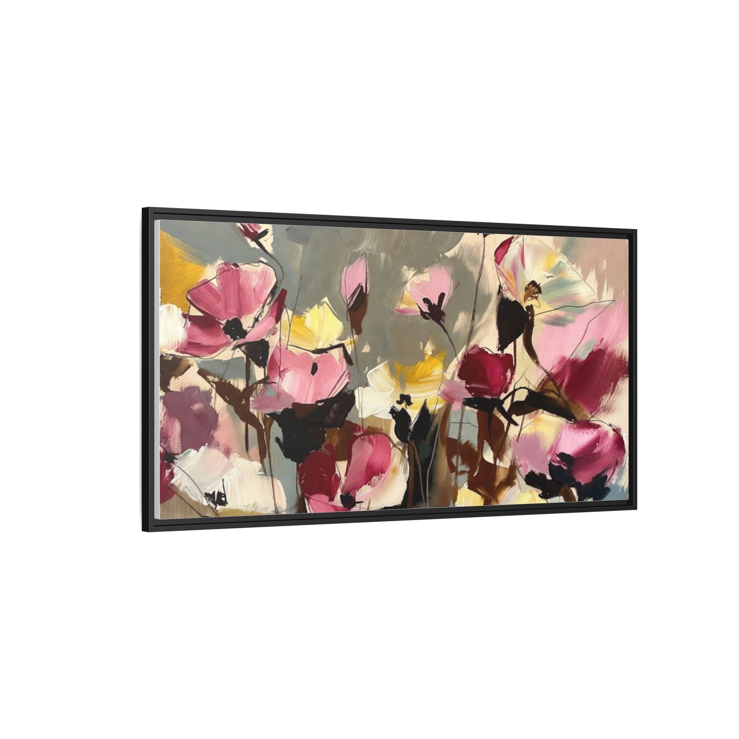 Framed Floral Canvas Wall Art — Abstract Pink & Yellow Flowers