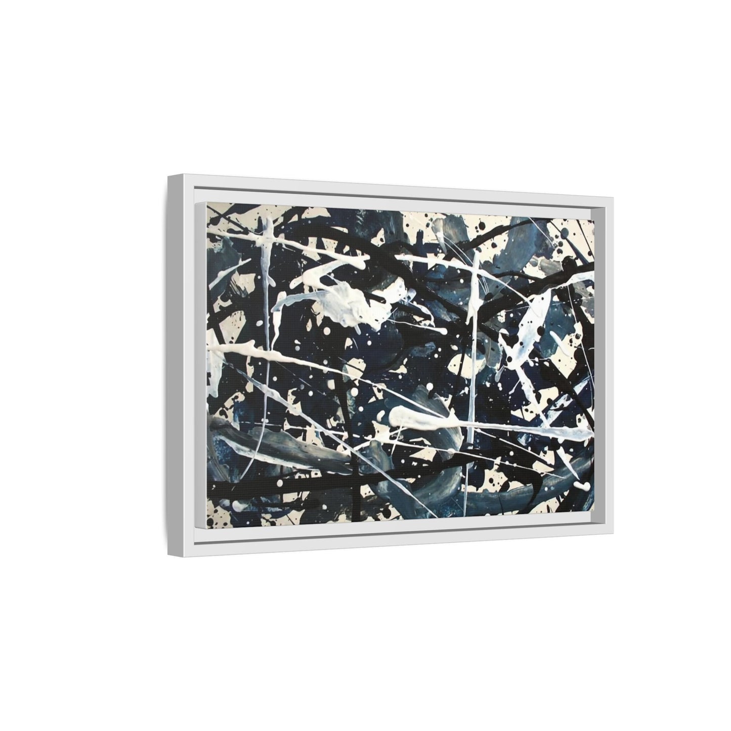 Abstract Splatter Matte Canvas Framed Wall Art — Black & Blue Modern Art Print