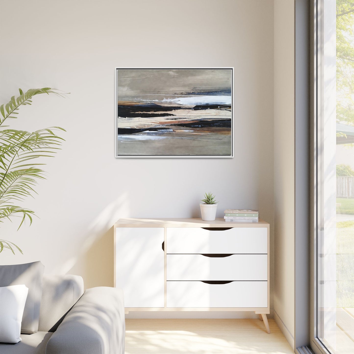 Abstract Seascape Matte Canvas Framed Wall Art — Neutral Coastal Landscape