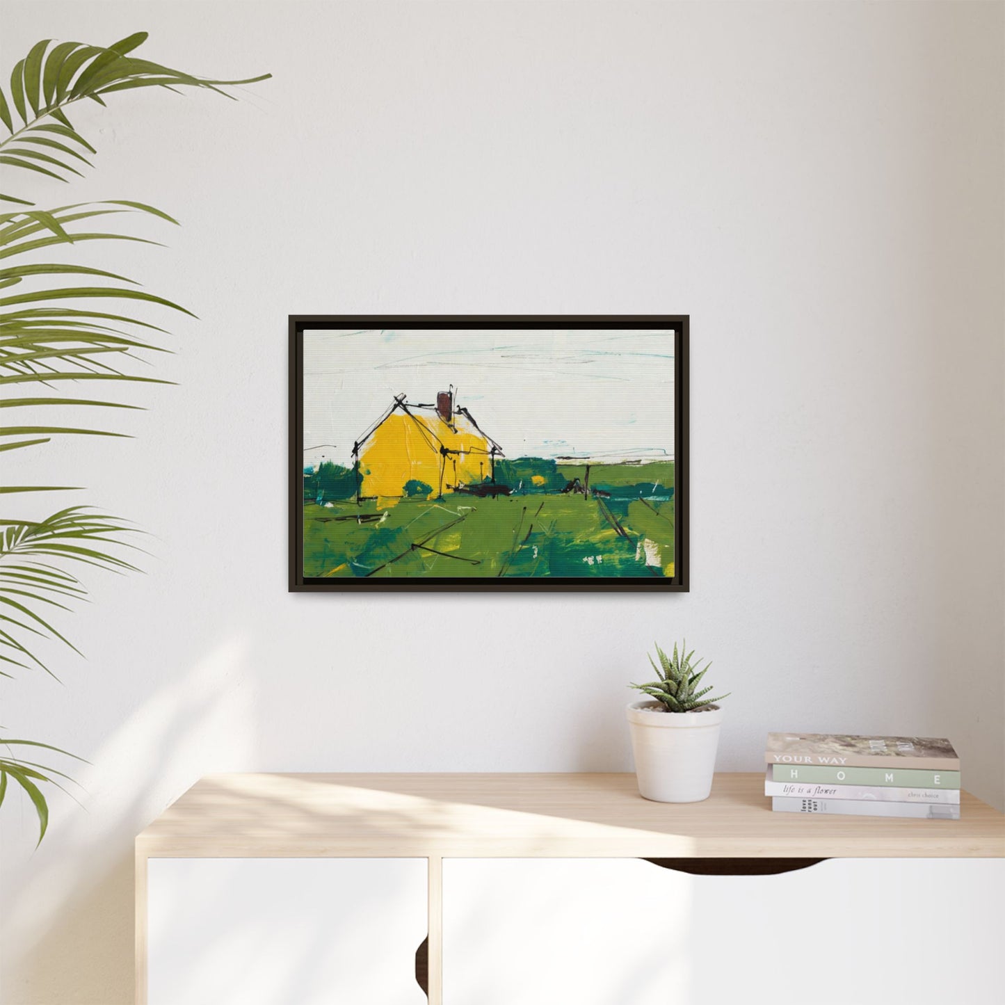 Yellow Cottage Landscape Framed Canvas Print