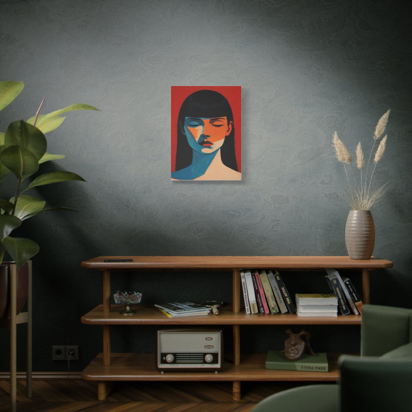 Portrait Canvas Wall Art — Modern Minimalist Woman in Red & Blue