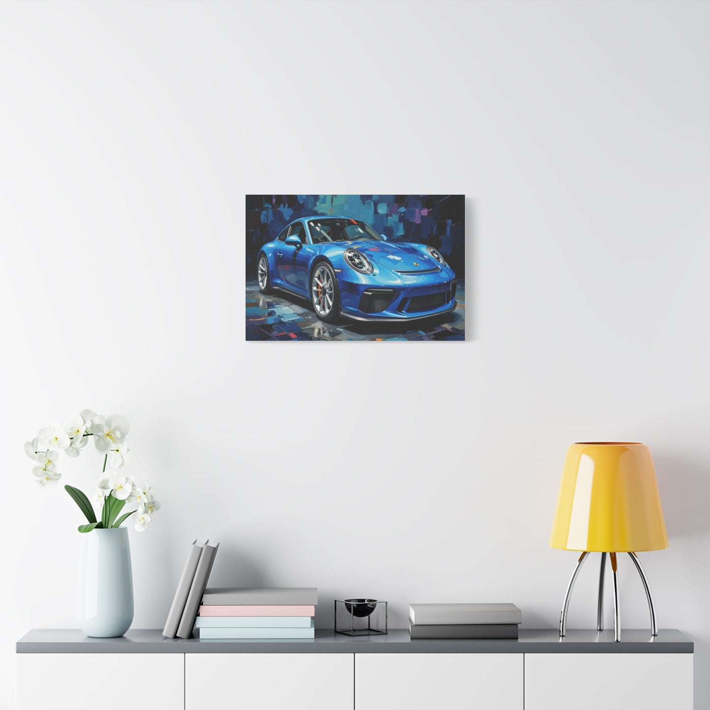 Blue Sports Car Canvas Wall Art — Modern Automotive Painting on Stretched Matte Canvas