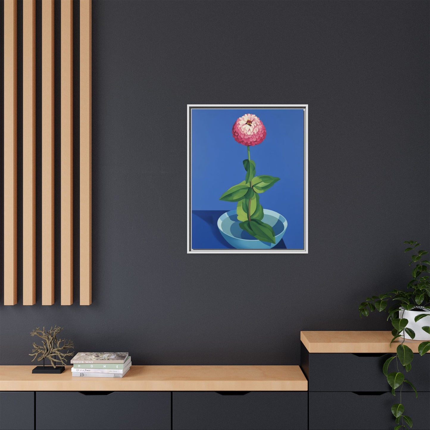 Framed Matte Canvas Art — Pink Zinnia in Blue Bowl (Botanical Still Life)