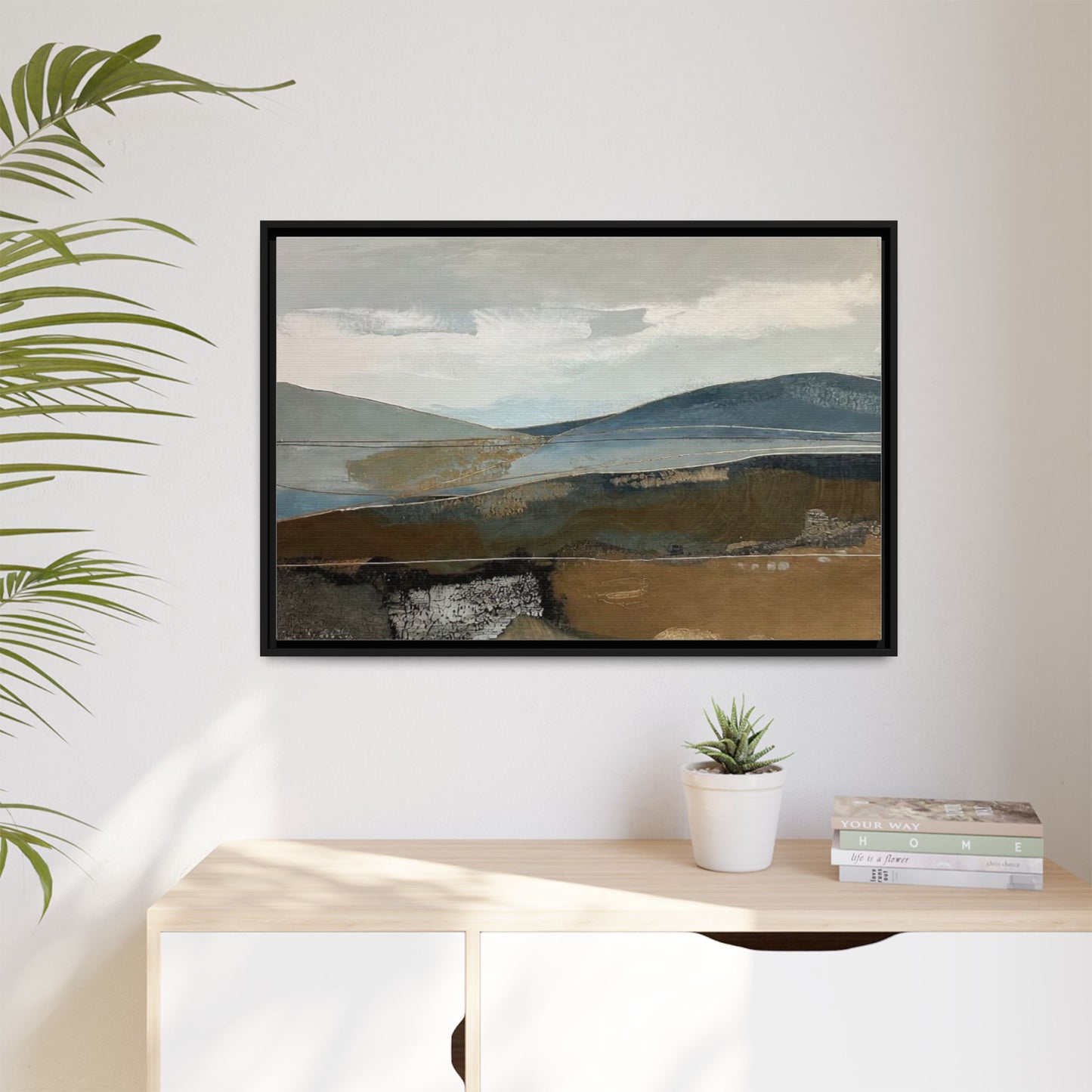Framed Matte Canvas Landscape Art - Serene Abstract Hills in Blue & Earth Tones