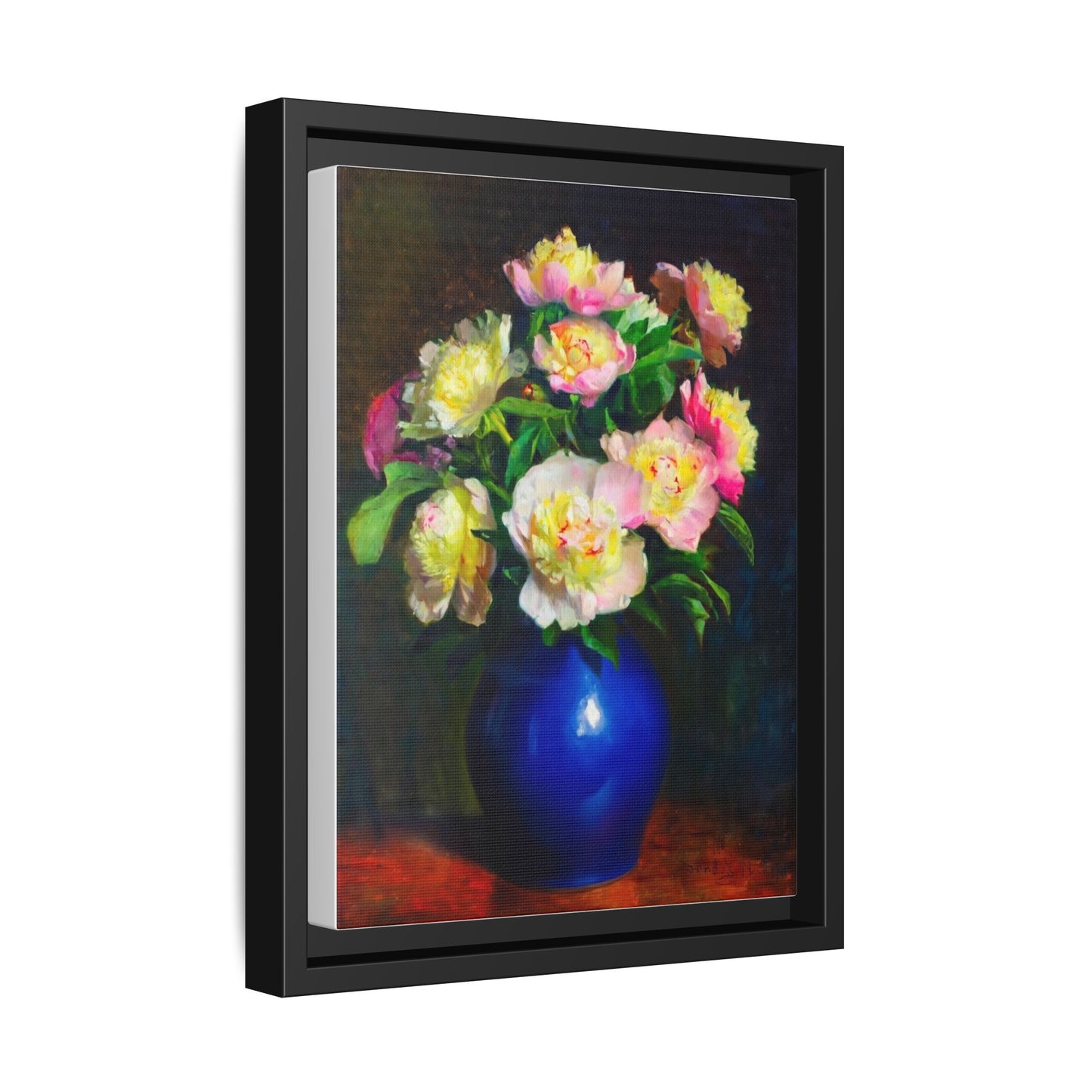 Framed Matte Canvas Wall Art — Vintage Floral Bouquet in Blue Vase