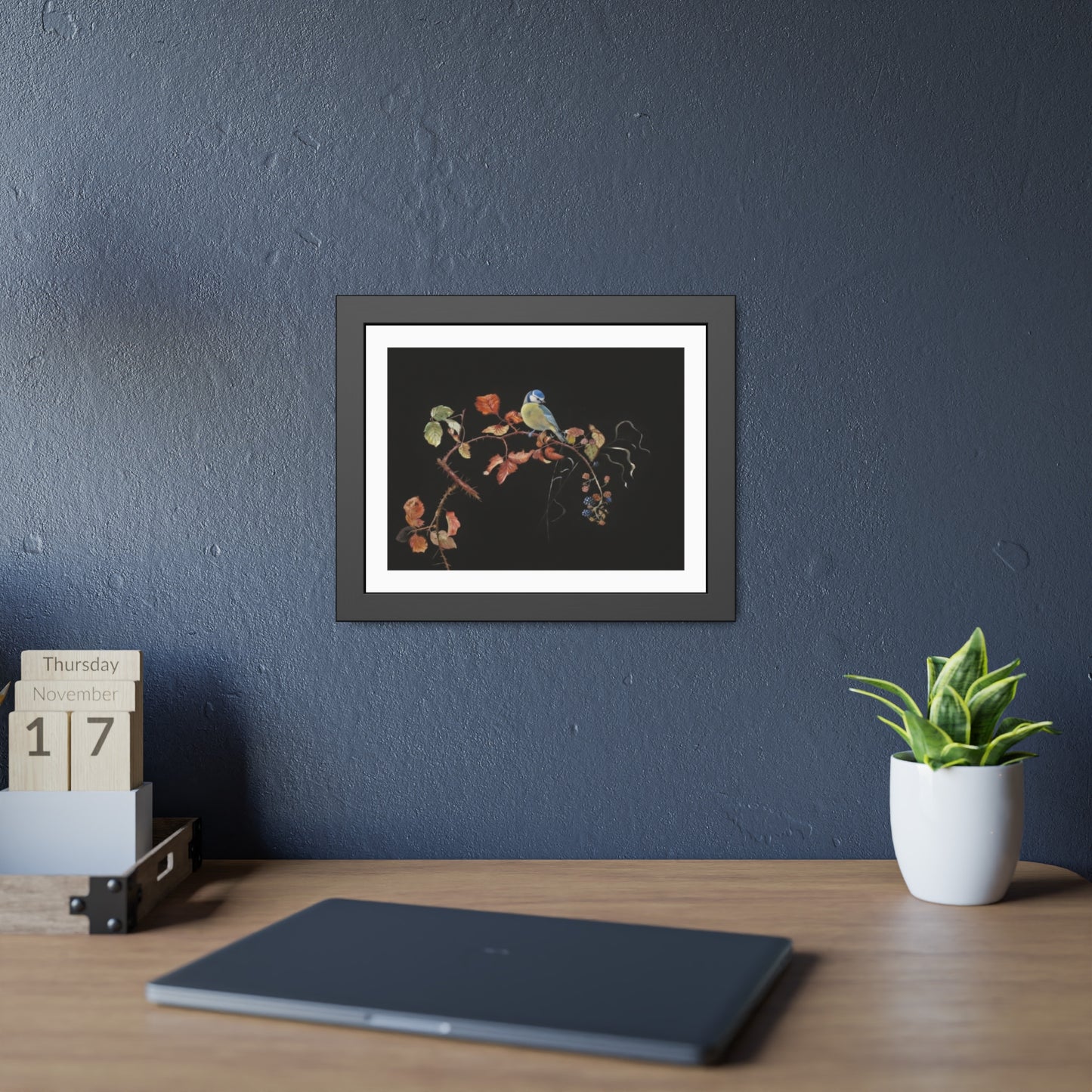 Framed Bird Print Poster — Vintage Botanical Bird Illustration on Black