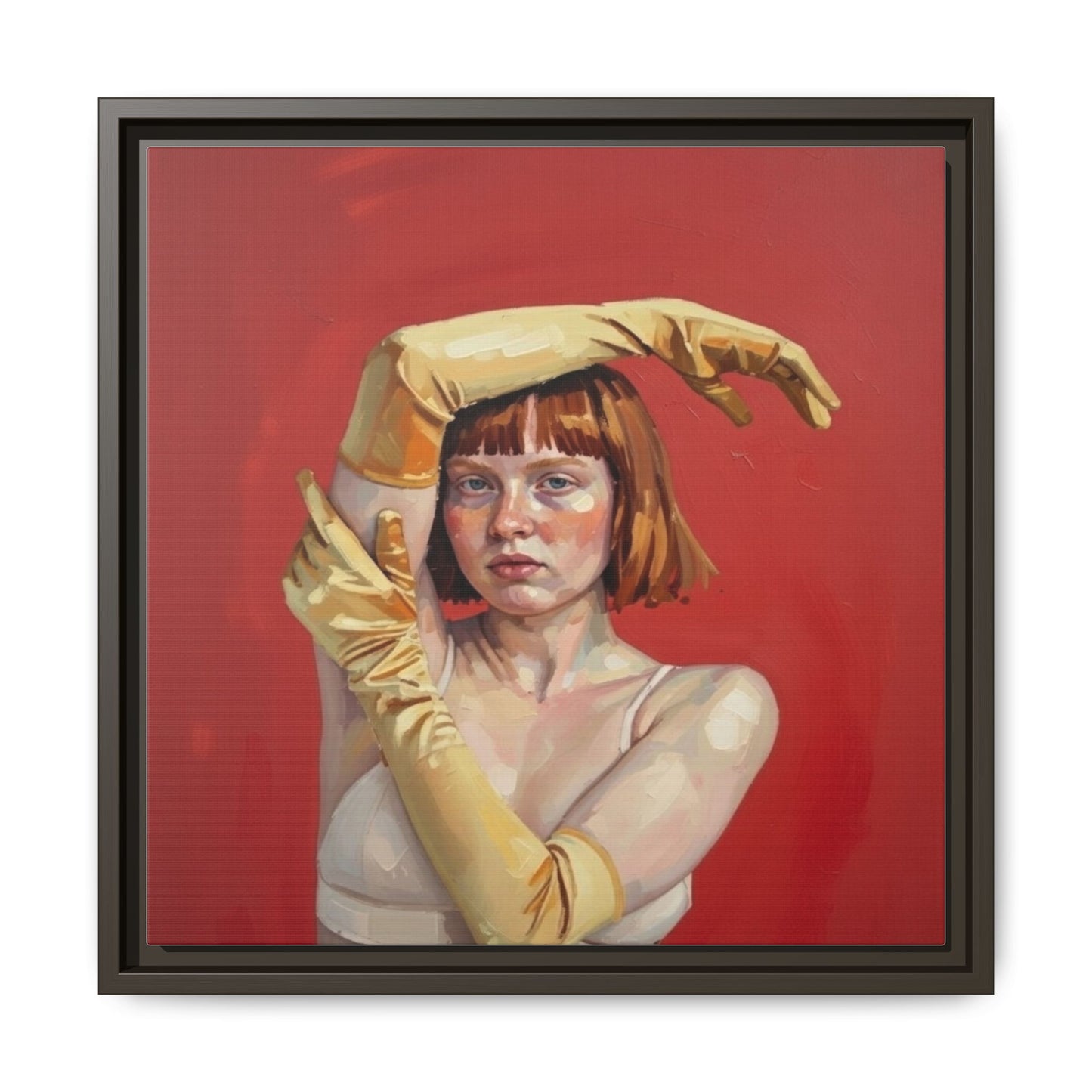 Framed Matte Canvas Art - Portrait of Woman in Yellow Gloves (Red Background)