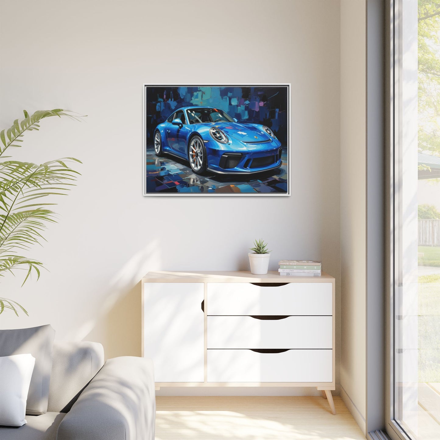 Blue Sports Car Matte Canvas Framed Print — Modern Automotive Wall Art