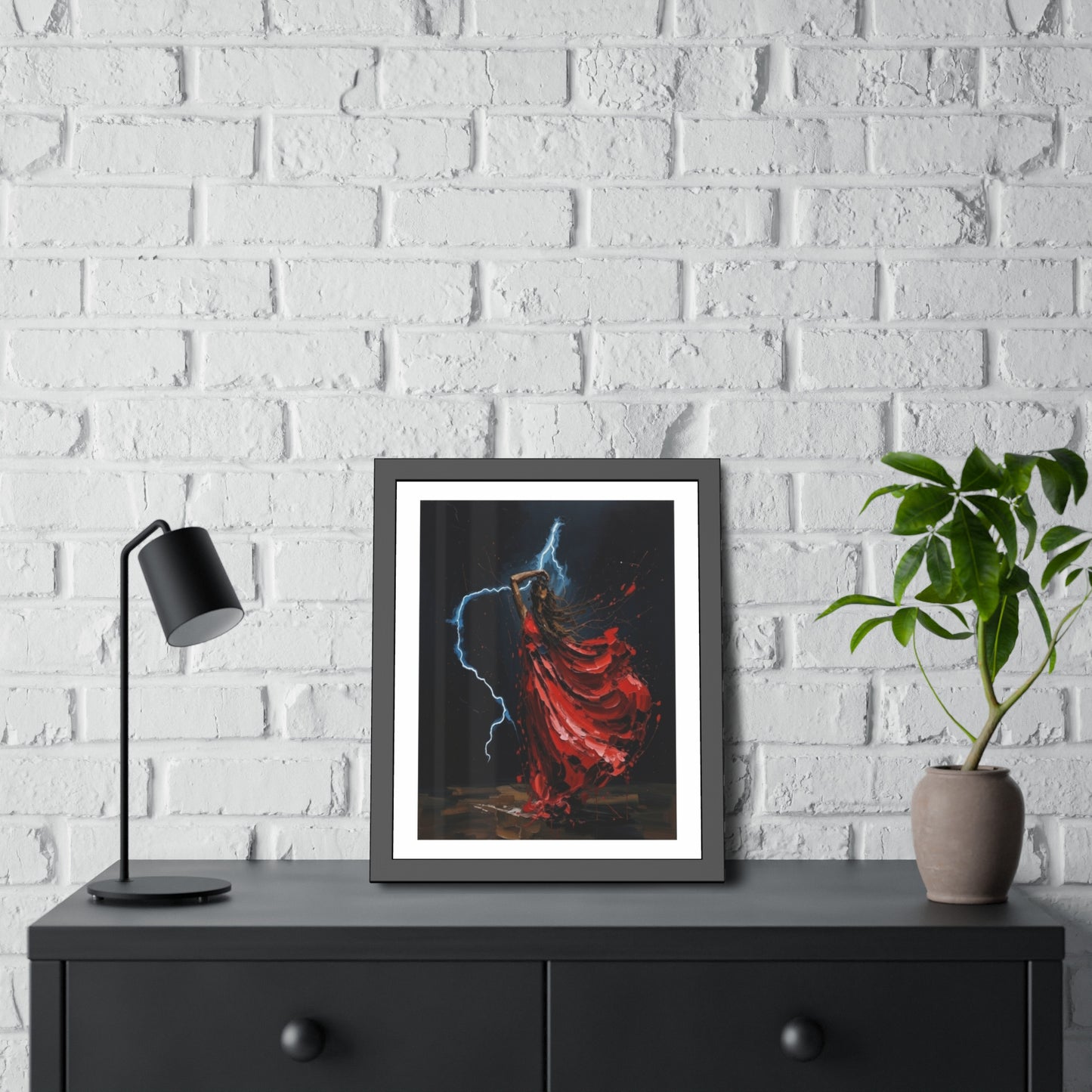 Framed Poster — Red-Dressed Dancer with Lightning Art Print