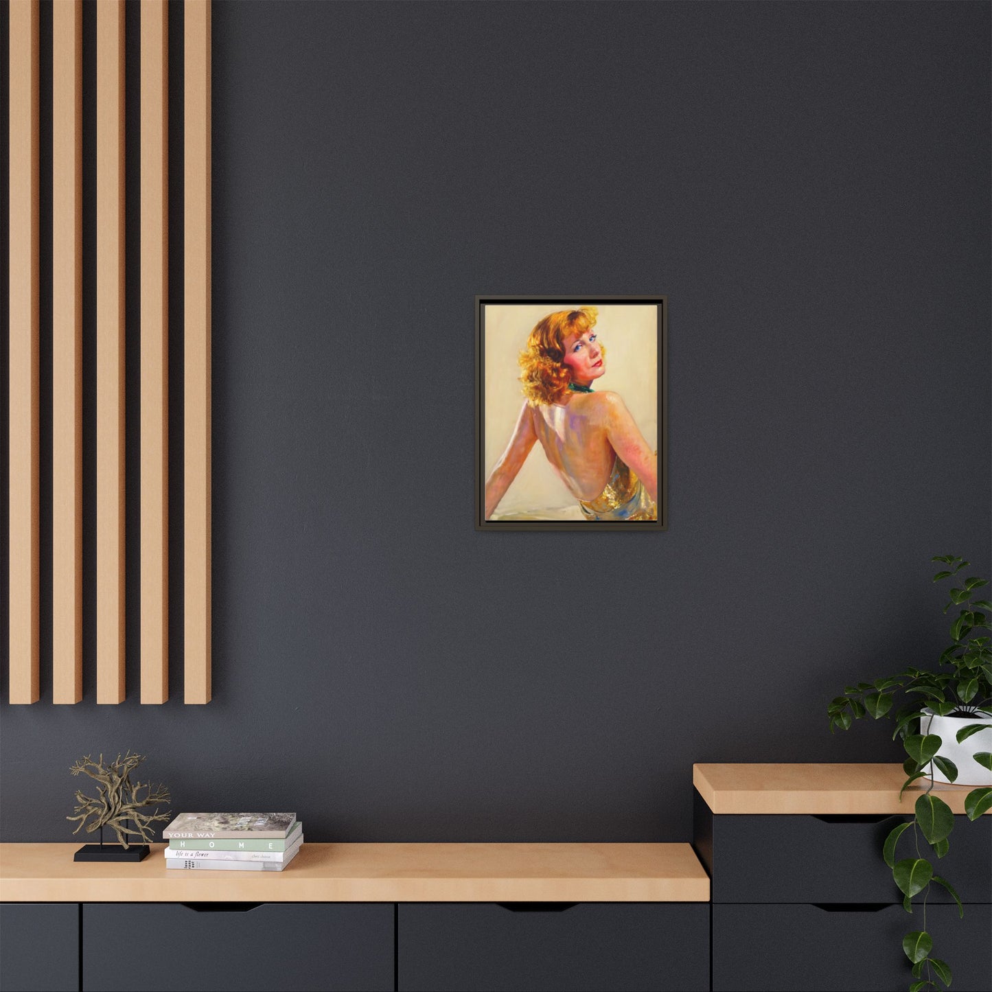 Framed Matte Canvas Print — Vintage Portrait of Redhead Greta Garbo in Gold Dress