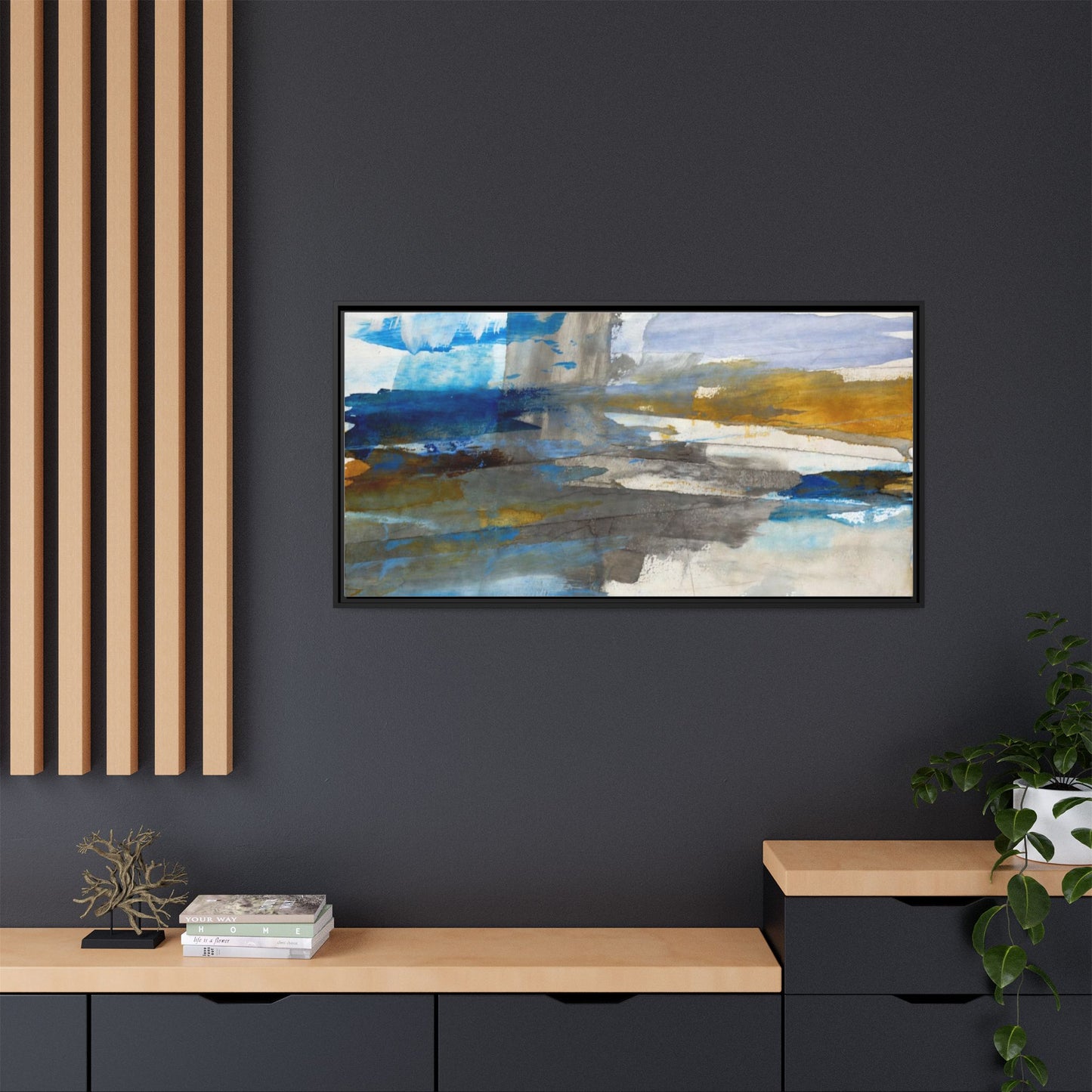 Abstract Blue & Gold Framed Canvas Art — Matte Multi-Color Wall Print