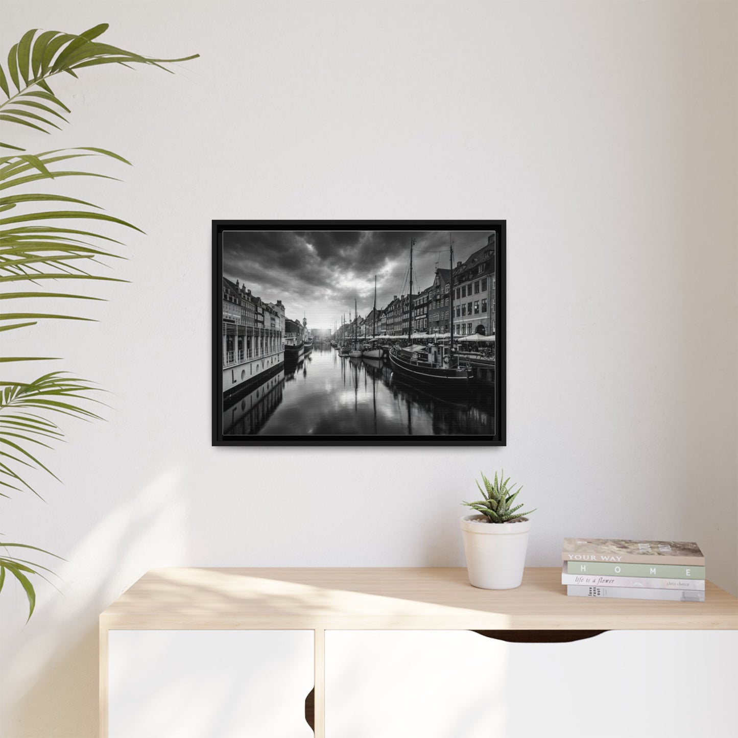 Framed Matte Canvas: Black & White Dutch Canal Photography Wall Art
