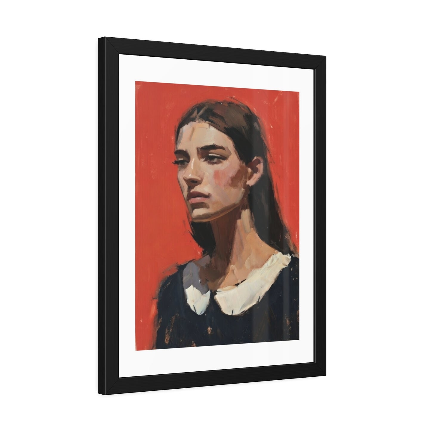 Framed Art Print — Distant Woman Portrait Painting on Red Background