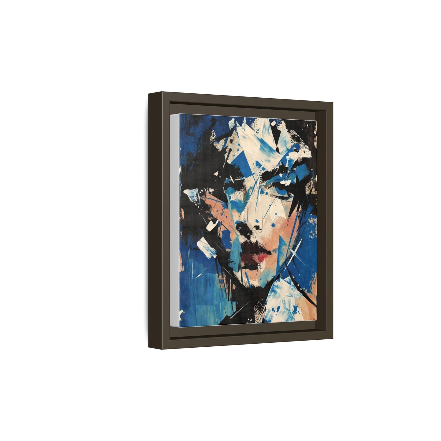 Abstract Portrait Matte Canvas Framed Wall Art — Blue Mixed-Media Face Print