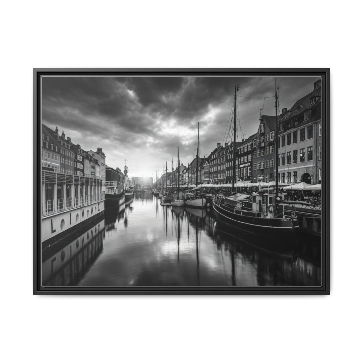 Framed Matte Canvas: Black & White Dutch Canal Photography Wall Art