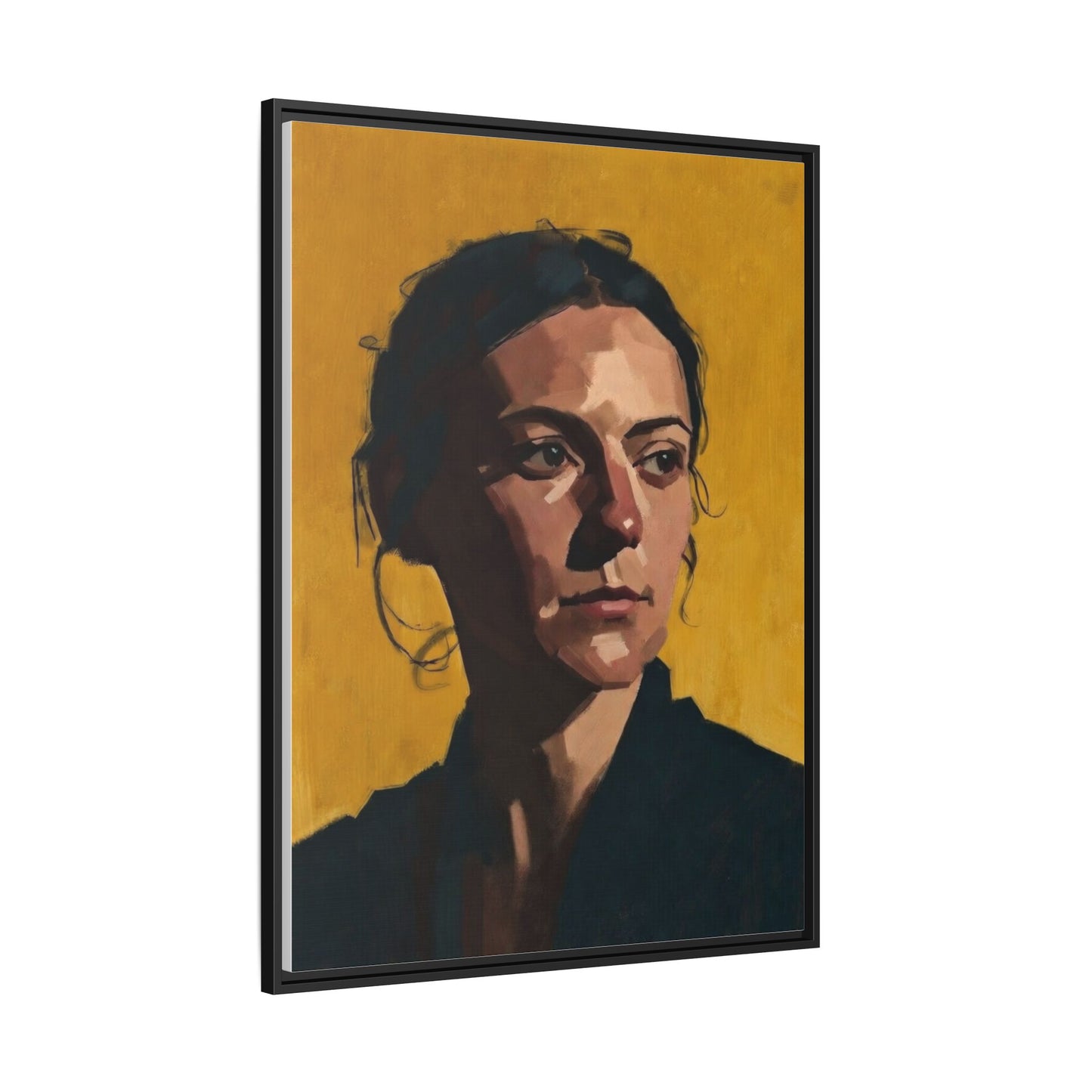 Framed Matte Canvas Portrait Art — Moody Woman on Mustard Background
