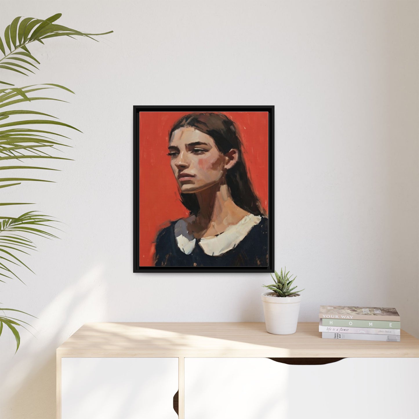 Framed Matte Canvas Portrait Print — Moody Red Figurative Art