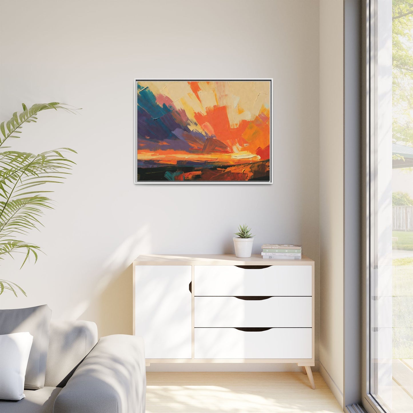 Framed Abstract Sunset Canvas Art – Multicolor Matte Wall Decor