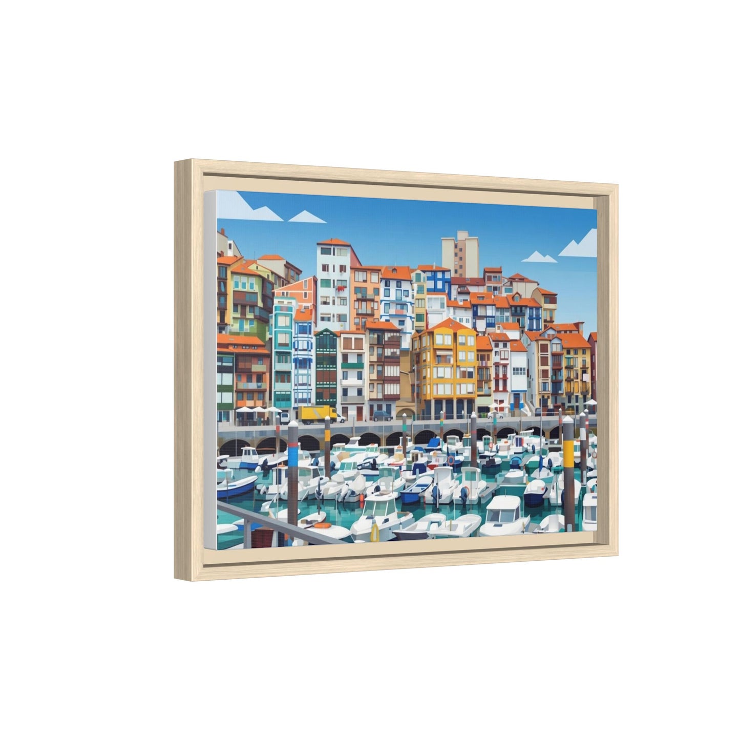Framed Matte Canvas Print — Colorful Mediterranean Harbor Illustration