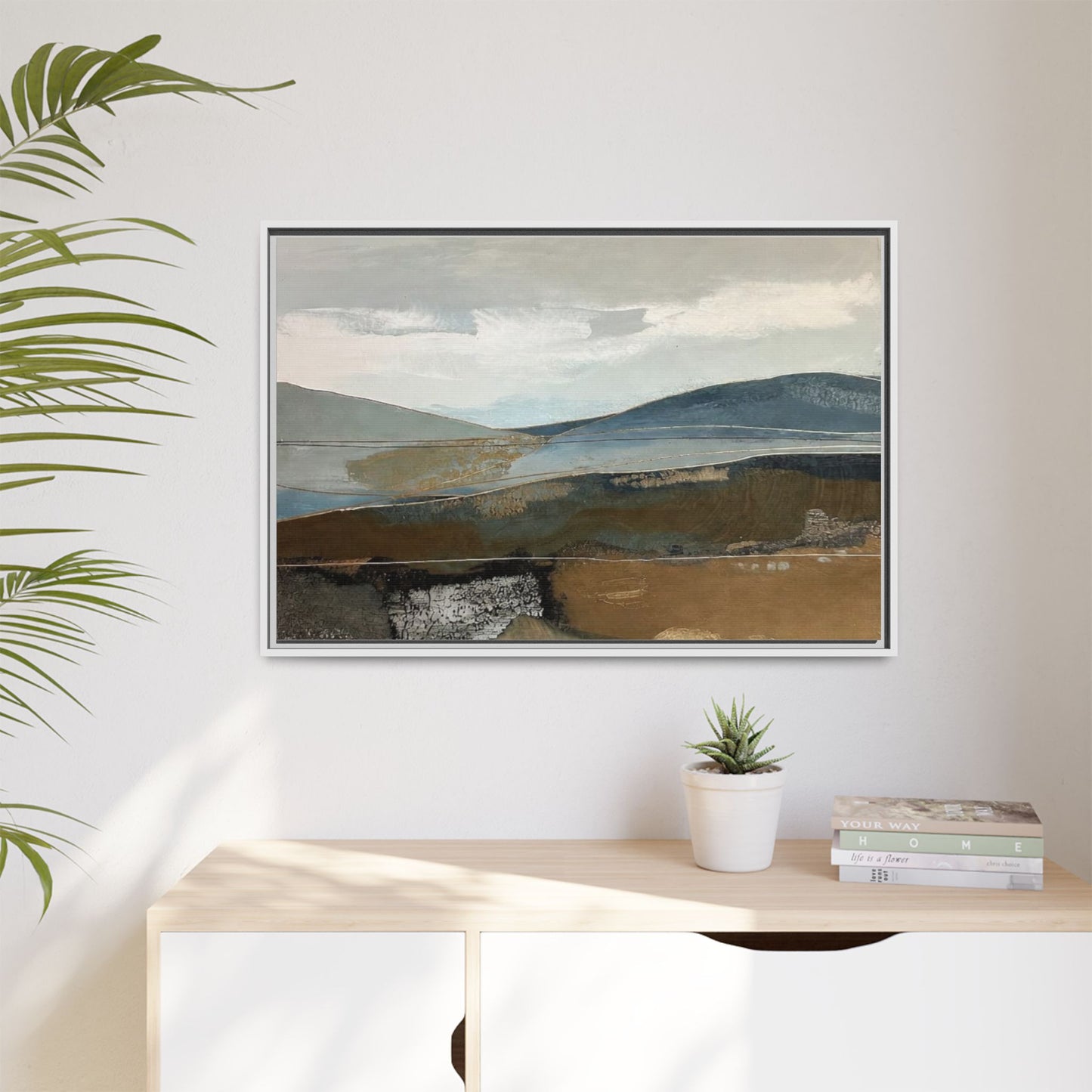 Framed Matte Canvas Landscape Art - Serene Abstract Hills in Blue & Earth Tones